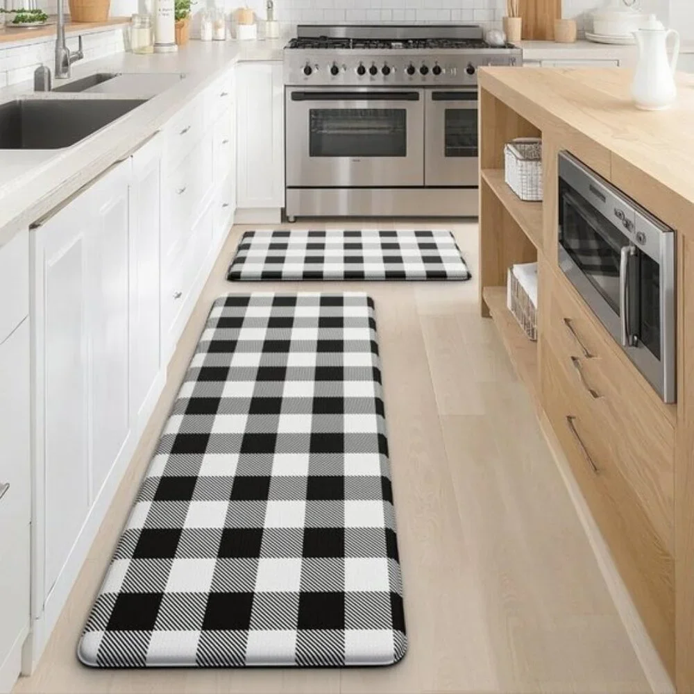 2Pcs Black White Farmhouse Kitchen Mats, Waterproof Anti Fatigue Non Slip Carpet